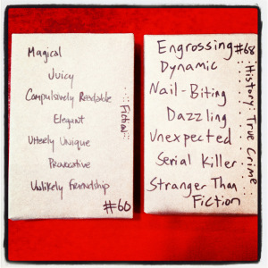 Mine is on the left. His is on the right-- another favorite, Devil in the White City.